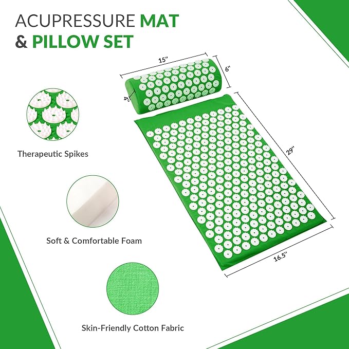 Fitvids Acupressure Mat and Pillow Set for Back/Neck Pain, Acupuncture Products to Relieve Muscle Fatigue, Improve Insomnia for Sedentary People, Acupuncture Eases Stress, Massage Mat, Green