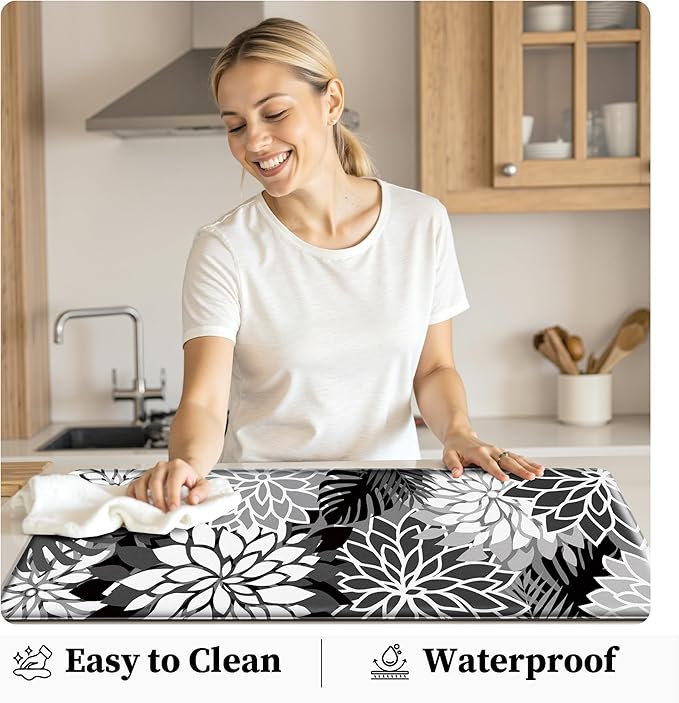 Kitchen Mats for Floor 2 Piece Cushioned Anti Fatigue Kitchen Mats Waterproof Non Slip Kitchen Mat Rug Set Comfort Foam Standing Mat for Sink, Laundry, Office, Black White