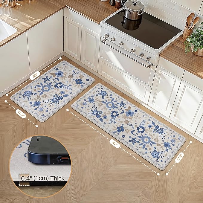 GENIMO Kitchen Mats for Floor 2PCS, Cushioned Kitchen Rugs Non Slip Washable, Farmhouse Anti Fatigue Mat Waterproof, Comfort Standing Mat Rug for Office, Home, Laundry, 17.3"x47"+17.3"x30", Beige&Blue