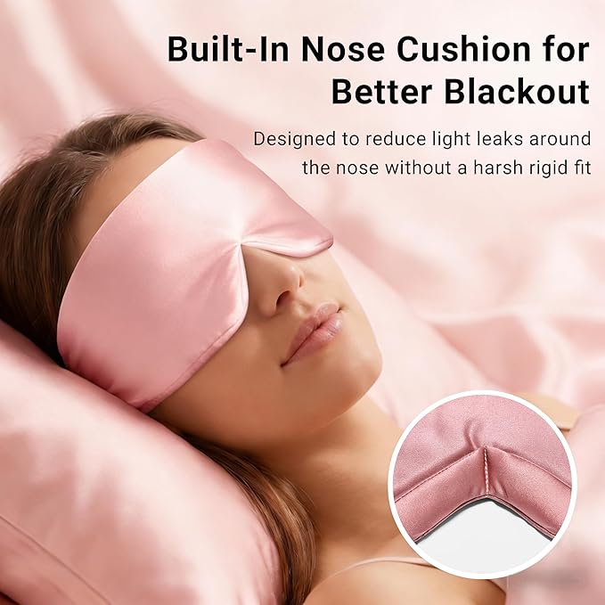 Silk Sleep Mask for Side Sleepers, Eye Mask for Sleeping Women Men, Face-Hugging Padded Eye Cover, 100% 22 Momme Pure Mulberry Silk, Soft Light Blocking Mask for Travel, Naps & Shift Workers (Pink)