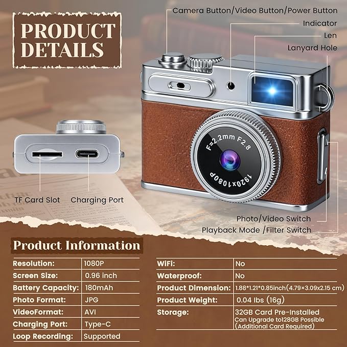 Mini Keychain Camera - 1080P HD Mini Retro Digital Camera,Retro Compact Tiny with 32GB SD Card,0.96" HD Display, Portable Pocket Video Recorder for Photo Video Travel Recording
