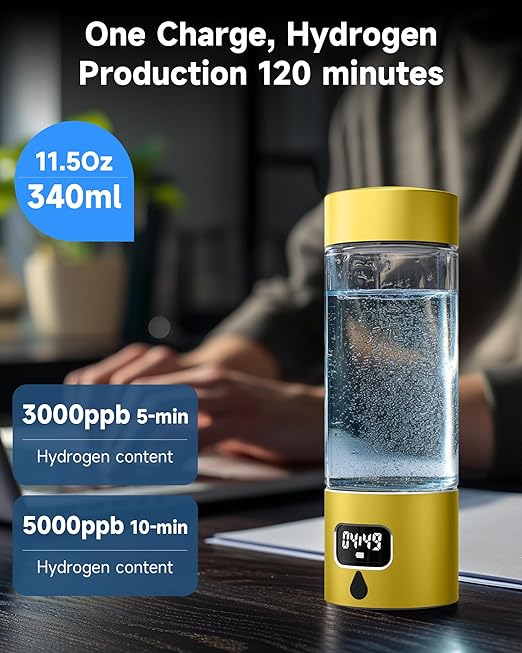 Hydrogen Water Bottle - Portable Rechargeable Water Bottle with LED Timer, Aluminum and Glass, 5000 PPB Hydrogen Production, Gift for Husband Wife Father Friend Client (Gold, 11.6Oz)