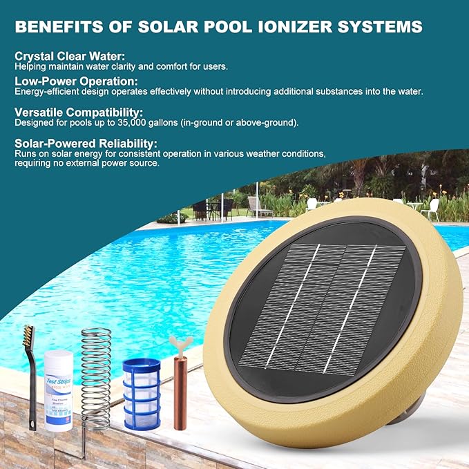 Solar Pool Ionizer for Above Ground, Floating Copper Pool Cleaner Purifier Cuts Chlorine by 85% Works for Pools Up to 40,000 Gal, Swimming Pools Water Cleaner for in-ground Pools and spas (Yellow)