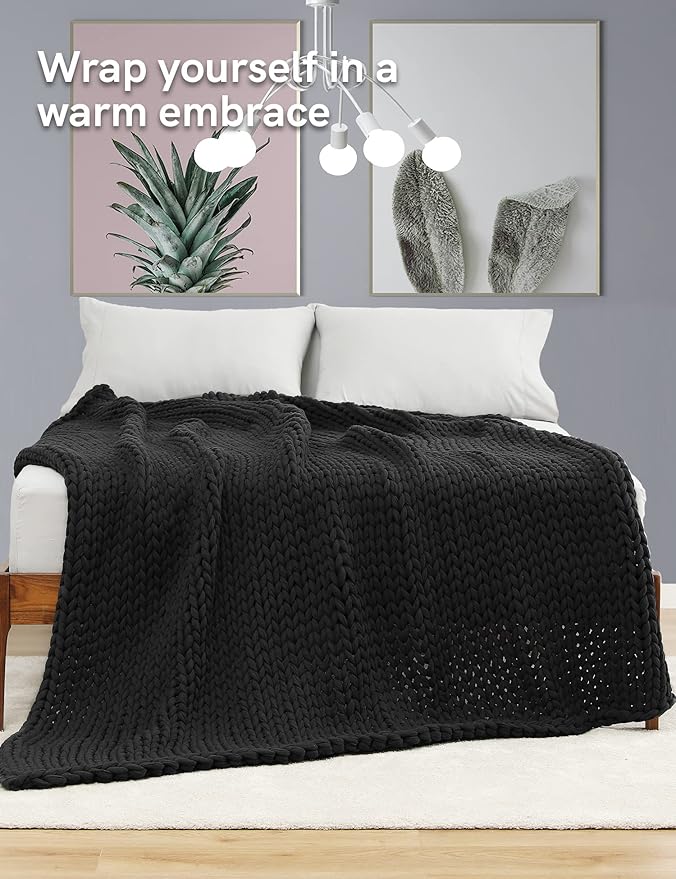 YnM 100% Cotton Weighted Blanket, Handmade Chunky Knitted Throw, No fillers Design, Soft and Breathable, Machine Washable Bed Blanket for Sleep or Home Decor (Dark Grey, 80x84 Inch, 35lbs)