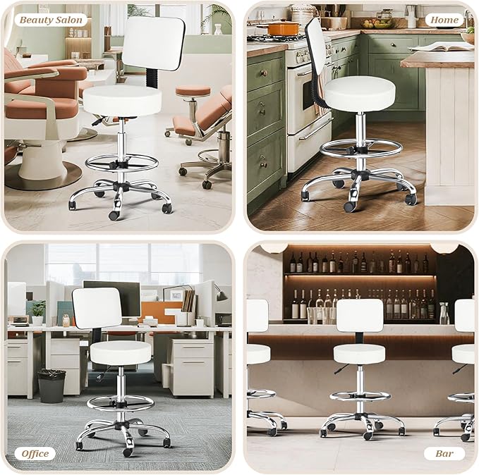 OmySalon Drafting Chair,Ergonomic Office Desk Chair with Back Support,Tall Adjustable Rolling Stool with Footrest & Thick Seat Cushion,Computer Chair for Salon Medical Spa Home Bar Kitchen, White