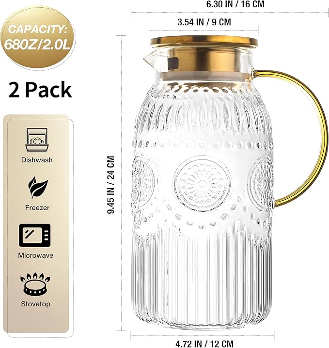Amzcku Glass Pitcher with Lid, 68 oz/ 2 Liter 2Pack Vintage Water Pitcher,Glass Water Carafe for Cold Brew, Coffee, Lemonade, Iced Tea,Beverage, Heat Resistant Jug