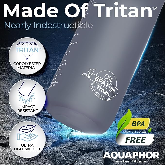 Nakii Filtered Water Bottle, Leakproof, BPA-Free, Motivational Markings, Travel, Everyday Use. 40-Gallon Filter, Replaces 300 Plastic Water Bottles. Includes 1 Filter, 22 FL Oz, Grey by Aquaphor