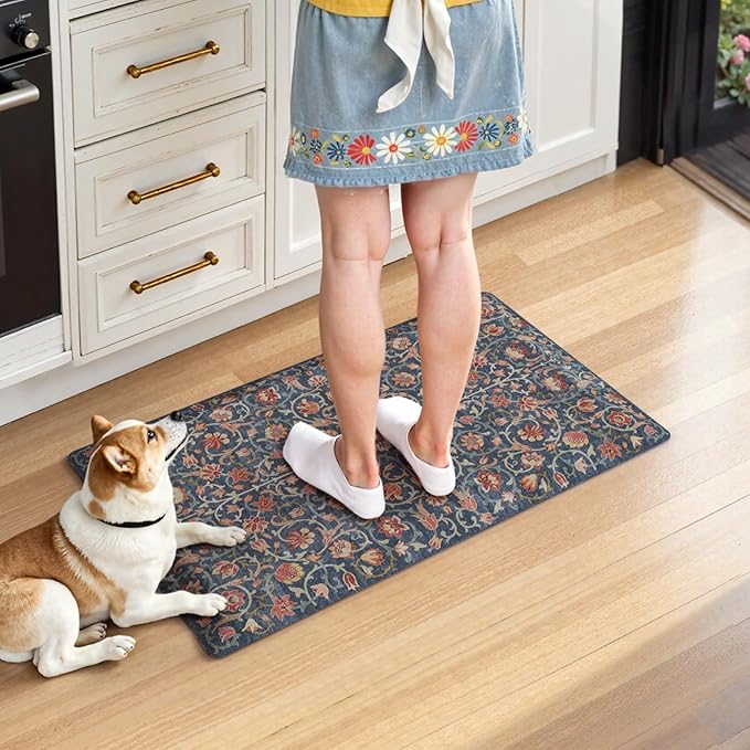 KIMODE Kitchen Mats for Floor Cushioned Anti Fatigue,Boho Vintage Kitchen Rugs Non Slip,Cushioned Memory Foam Kitchen Standing Floor Mat for Bathroom Sink Office Home Decor,Blue/Red 17.3"x28"