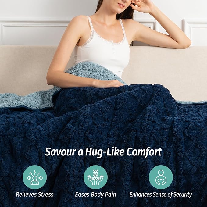 Wemore Weighted Blanket for Adults Twin Size 20 lbs, Dual Sided Soft Fuzzy Jacquard Sherpa Weighted Blankets for Sleeping, Cozy Fluffy Knitted Heavy Blanket for Couch Bed, Navy Blue, 60 x 80 inches