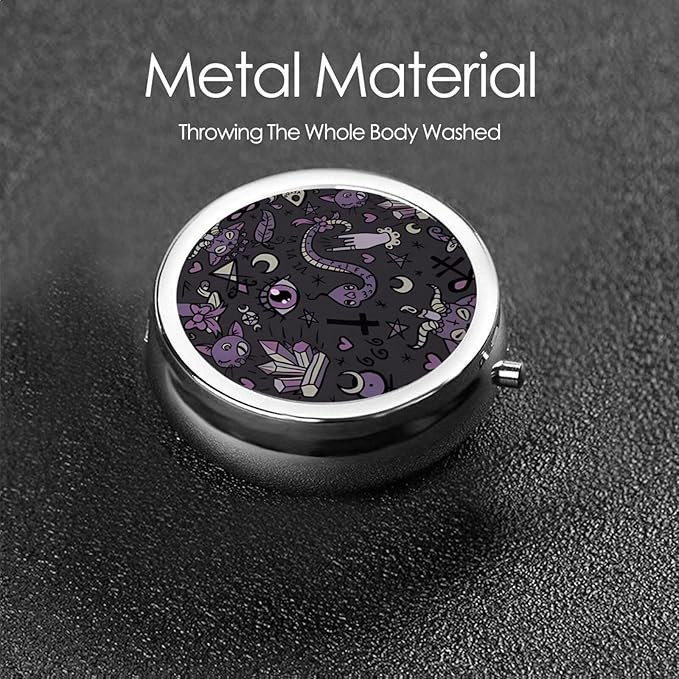Purple Black Goth Spooky Printed Round Travel Pill Box Cute Small Metal Pocket Pill Case for Men & Women 3 Compartment Portable Pill Organizer for Purse or Pocket