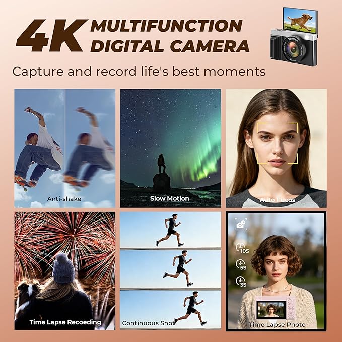 4K Digital Camera,64MP Cameras for Photography with 16X Digital Zoom, AutoFocus Vlogging Camera for YouTube, 3" 180°Flip Screen Compact Travel Camera, Anti-Shake 4K Video Cameras