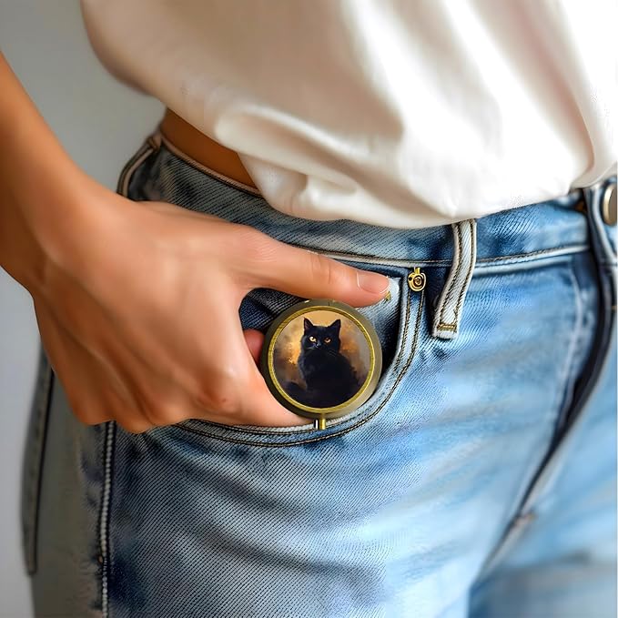 Small Pill Case Pill Box with Mirror Retro 3 Compartment Pill Holder for Purse or Pocket Bronze Portable Medicine Vitamin Container Fish Oil and Supplement Storage BPA-Free(Black Cat)