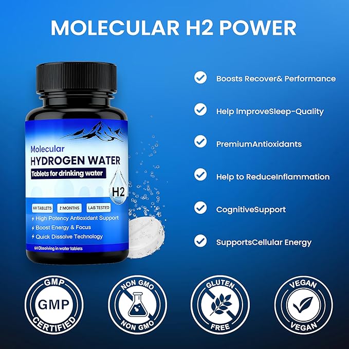 Molecular Hydrogen Water Tablets | Magnesium Pills H2 Hydrogen Supplement for Hydration & Electrolyte Balance | Supports Daily Vitality and Focus | 60 Tablets(1PCS)