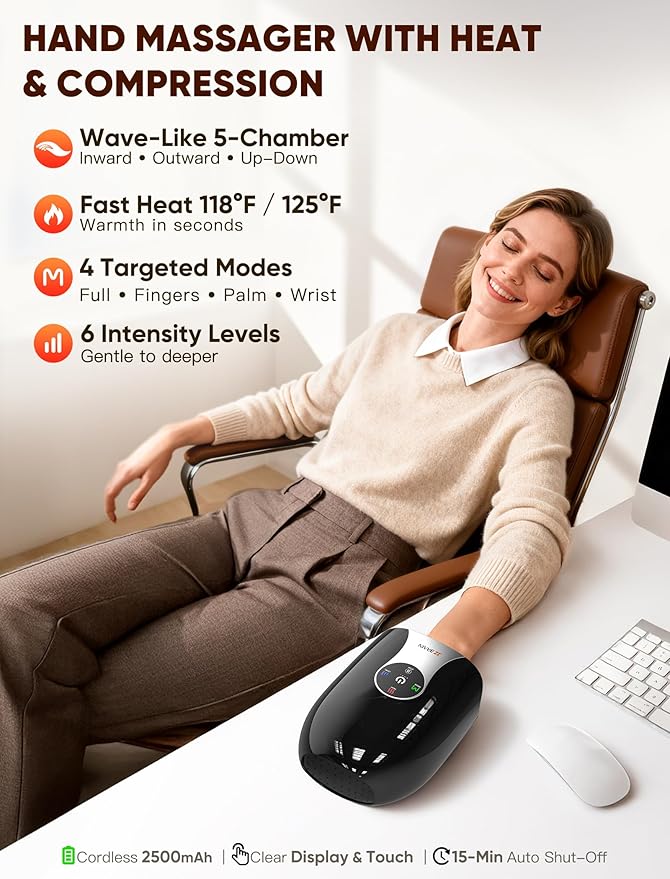 Hand Massager with Heat and Compression : Cordless Heated Hand and Wrist Massager for Palm, Fingers, and Comfort Relief – 4 Modes 6 Intensities, Portable Rechargeable, Wife Husband (Black)
