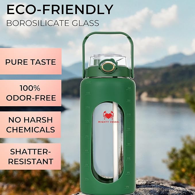 64 Oz Water Bottle with Time Marker & Straw - Green Pregnancy 2 Liter Glass Water Bottles with Measurements - Daily intake bottle - Leakproof Borosilicate jug