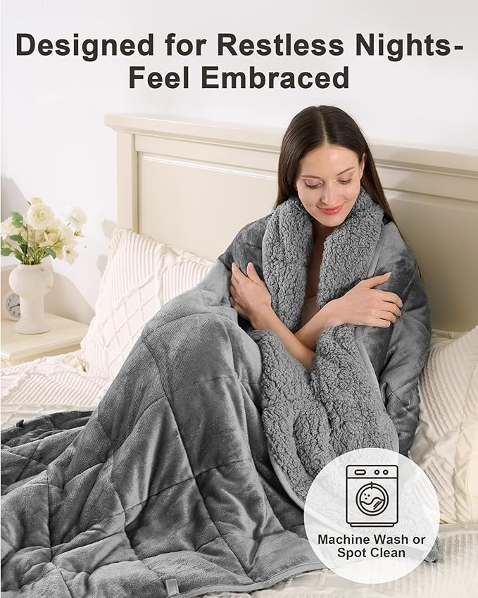 Weighted Blanket 15lbs for Adults, Ultra-Soft Sherpa Fleece Reversible Weighted Throw Blanket for Relaxation & Cozy Evenings, Sleep in A Hug, Evenly Distributed, W48 x L72, Grey