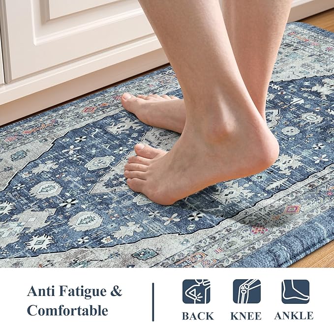 Collive Boho Kitchen Rugs Set of 2 Non Skid Kitchen Mats for Floor Cushioned Anti Fatigue Kitchen Floor Mats Waterproof Comfort Heavy Duty Foam Mats for Standing Desk Sink Laundry, 17.3"x29"+17.3"x59"