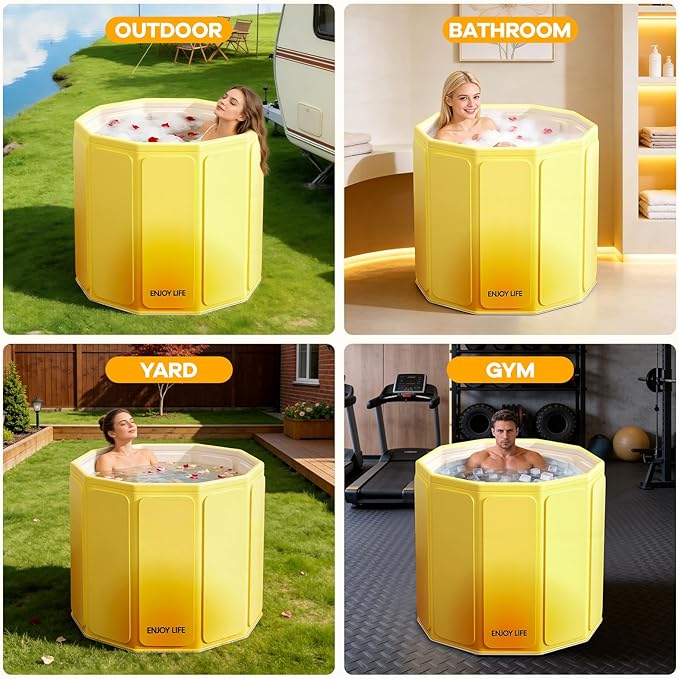 Foldable Portable Bathtub, Hot Ice Bath Tub, Shower Tub Non-Inflatable, Collapsible Bathtub SPA Soaking Tubs for Travel, Camping, Gyms, Home (Yellow)