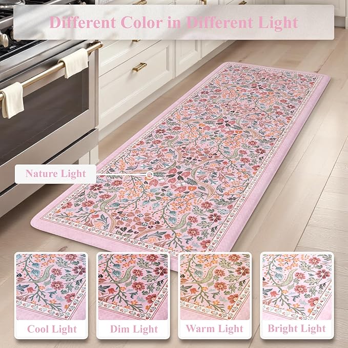 Collive Kitchen Mats Cushioned Anti Fatigue, Waterproof Kitchen Floor Mat Non Slip Desk Rugs Comfort Standing Rug for Sink, Office, Laundry, Home Decor, Pink