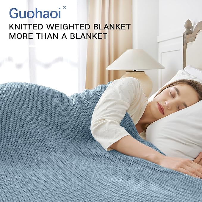 Guohaoi Knitted Weighted Blanket for Adults (Haze Blue 60"x80" 17lbs) No Beads Cooling Throw Blanket for Hot Sleepers, Home Decor Breathable Chunky Knit Heavy Blanket Use on Queen/King Size Bed