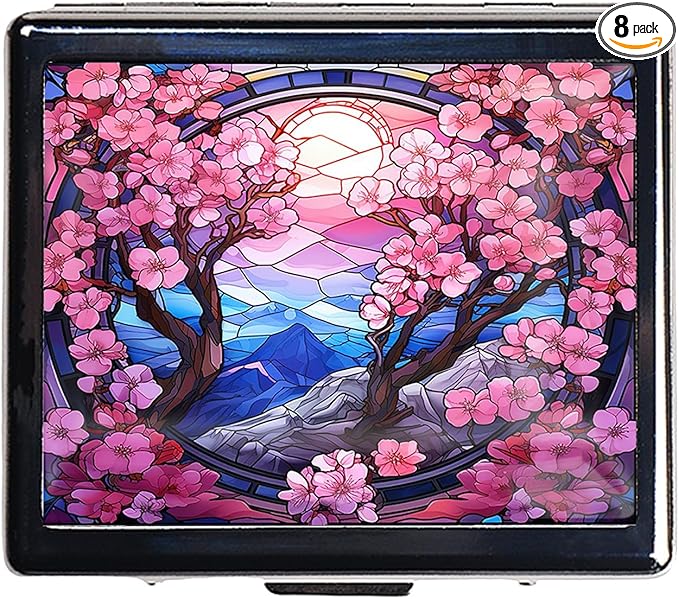 7 Days Chromed Shiny Silver Pill Organizer with Mirror Inside Has 8 Separate Compartments Rectangle 7 Days Pill Box Pill Case (Cherry Blossom)