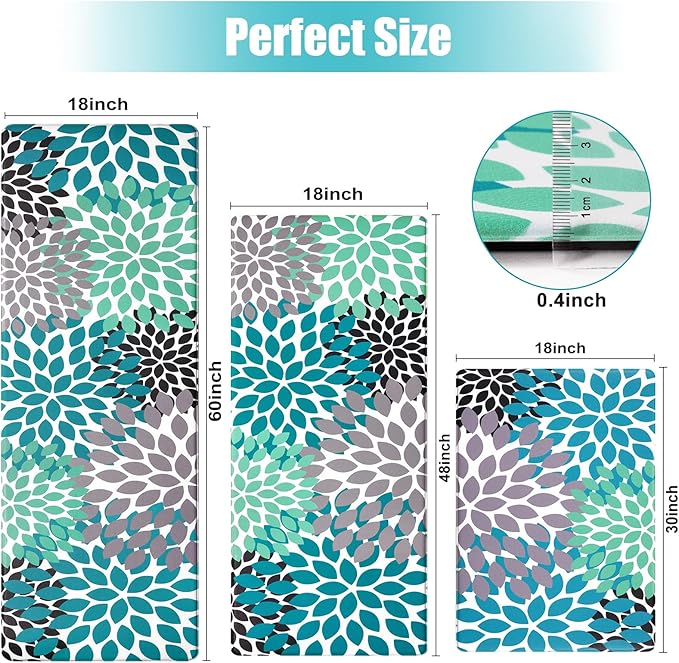 Likiyol Kitchen Mats for Floor [3 PCS] Anti-Fatigue Comfort Kitchen Rugs, Boho Flower Cushioned Waterproof Decor Mat Thick, Standing Floor Mats for Home/Office, 18''x30''+18''x48''+18''x60''(Teal)