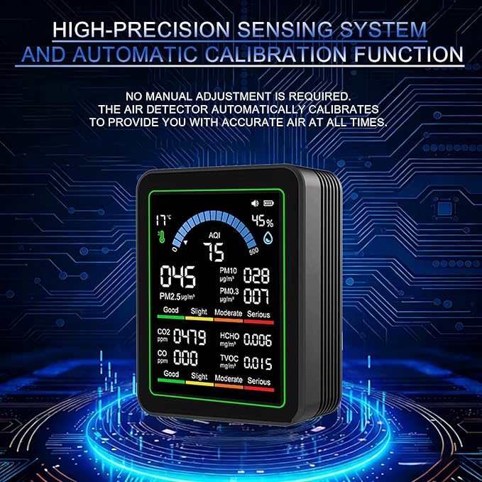 10-in-1 Air Quality Monitor Indoor, Professional CO2 Detector, Carbon Monoxide Meter, Temperature, Humidity Monitor, Air Quality Tester for CO2,CO,TVOC,HCHO,PM2.5,Temp,AQI, Perfect for Home & Office