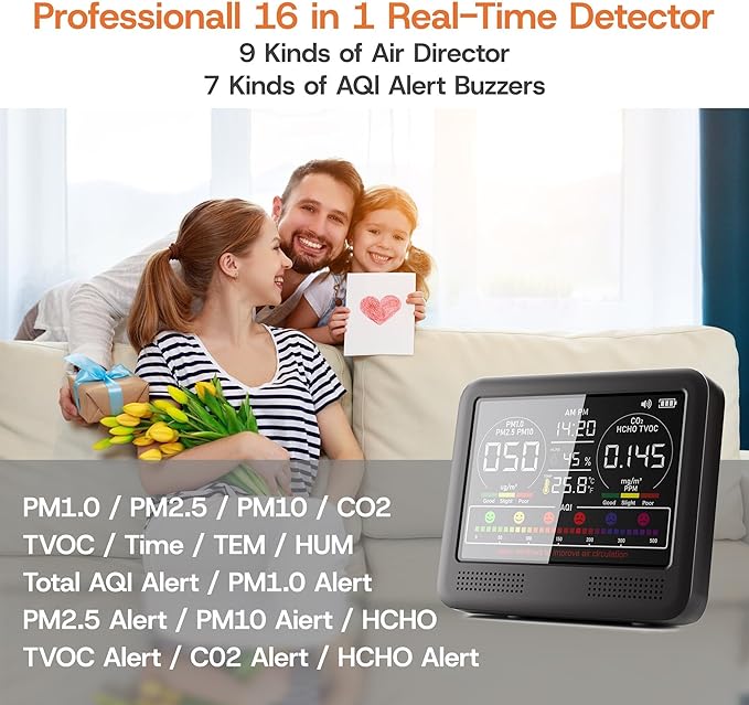 16-in-1 Indoor Air Quality Monitor with PM1.0,PM2.5,PM10,CO2,HCHO,TVOC,Temperature,Humidity,Time Display &7 AQI Alarms – Professional Air Quality Tester for Home, Office & Indoor Use (Shinning Black)