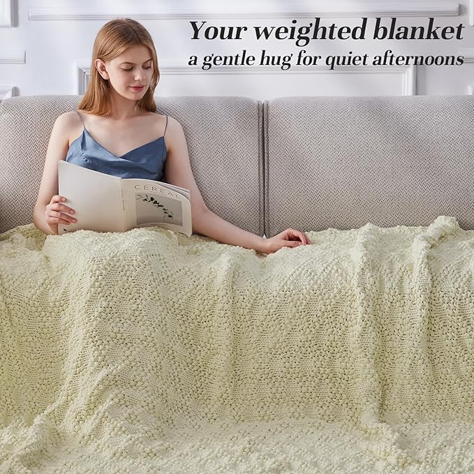Knitted Weighted Blanket for Adult, Chunky Knit Weighted Throw for Sleep 50"*60" 10lbs, Cooling Breathable Heavy Blanket for Hot Sleepers, Machine Washable Blanket for Room Decor(Cream White)