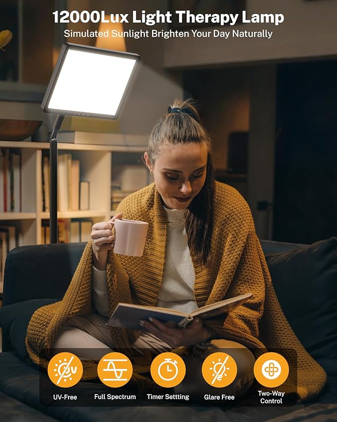 Light Therapy Lamp 12000 Lux UV-Free Full Spectum Floor Therapy Lamps, 4 in 1 LED Sun Lamp, 10 Brightess Levels, 5 Color Modes, Remote&Touch Control, Adjustable Timer/Height/Angle, Black
