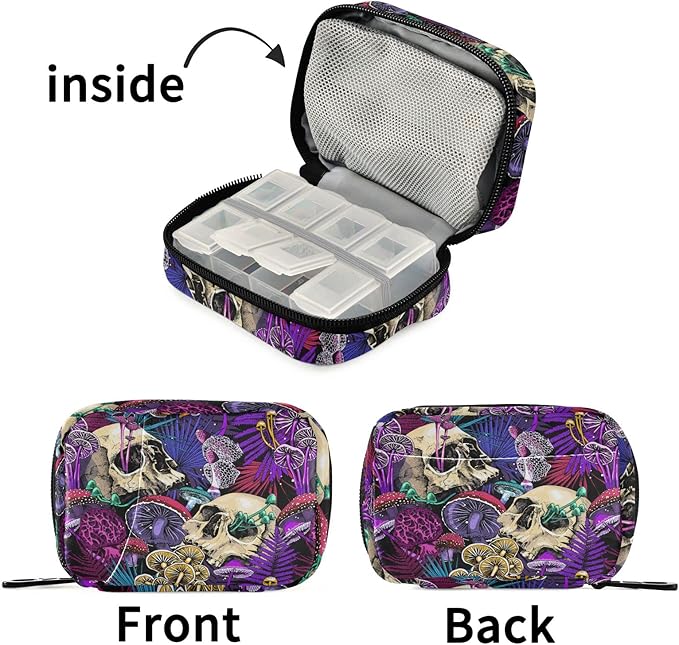 Fustylead Psychedelic Mushrooms Skulls Pill Organizer and Storage Weekly with Zipper, Removable Pill Box Portable Medicine Organizer for Vitamin Fish Oil Supplement