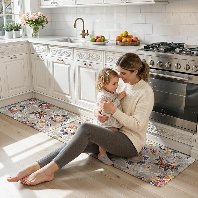 LEEVAN Anti Fatigue Mats for Kitchen Floor 2 Piece,Cushioned Memory Foam Blue Gray Kitchen Mats for Floor,Comfort Floral Boho Non Slip Kitchen Floor Mat for Sink,Laundry,Office(20"x31"+20"x47")
