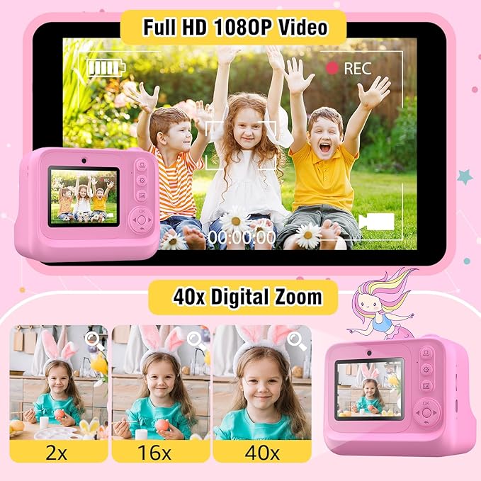 Instant Print Camera for Kids Age 3-12 Girls Boys 1080P HD Digital Video Cameras with 5 Print Paper & 32G Card Toddler Portable Travel Toys Camera for Christmas Birthday Gifts
