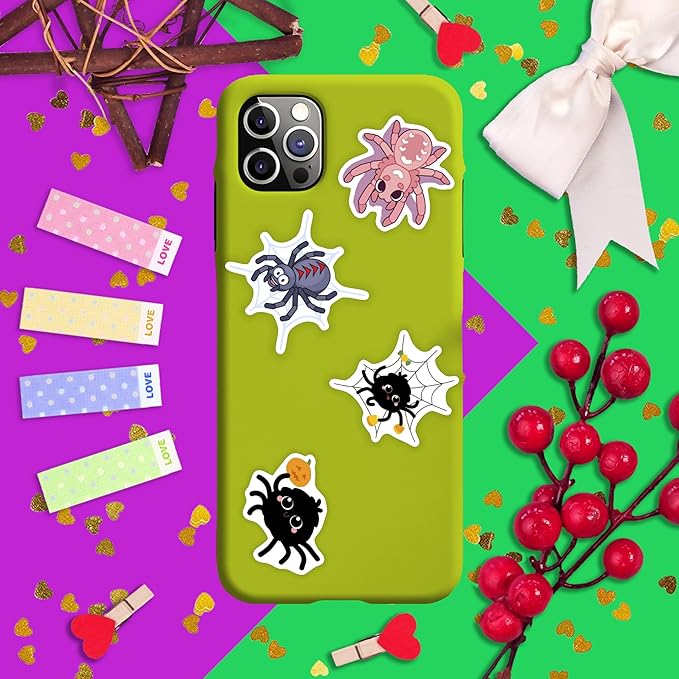 BulbaCraft 100Pcs Spider Stickers for Water Bottle and Laptop - Spider Party Supplies & Decorations, Waterproof Vinyl Decals, Cute and Creepy Stickers, Gifts for Women & Men