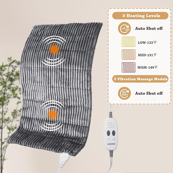 Weighted Heating Pad with Massager Electric Heating Pad for Back with Massaging Vibration, 3 Heating Levels & 3 Massage Types, XXXL Large Size Heating Pad, 33” x 17”, Grey