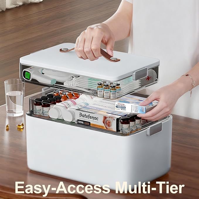 Spreezy 3-Tier Portable Medicine Organizer Box with Transparent Compartments, Home & Travel First Aid Kit, Easy-View Stackable Storage Case for Pills, Bandages & Medical Supplies