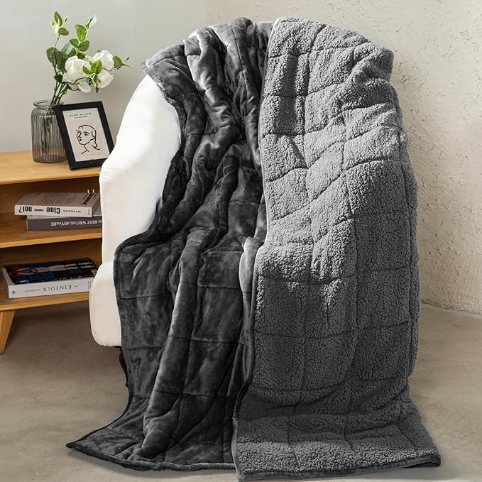 Aemicion Queen Size Weighted Blanket 15lbs,Plush Fleece Sherpa Heavy Blanket, Breathable Soft Weighted Blanket as Gifts for Women Man-Dark Grey