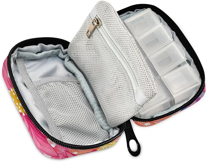 Pill Organizer Box Case Weekly Travel Pills Container Holder 7Day Cute Vitamin Organizer Dispenser Sorter Planner Storage Small Compact Cute Pink Chrysanthemum Flowers