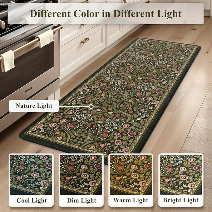 Collive Kitchen Mats for Floor, Cushioned Anti Fatigue Mat Non Slip Waterproof Kitchens Sink Rug, Green Vintage Floral Rugs Comfort Standing Mat for Laundry, Desk, Bar, Office, 20"x39"