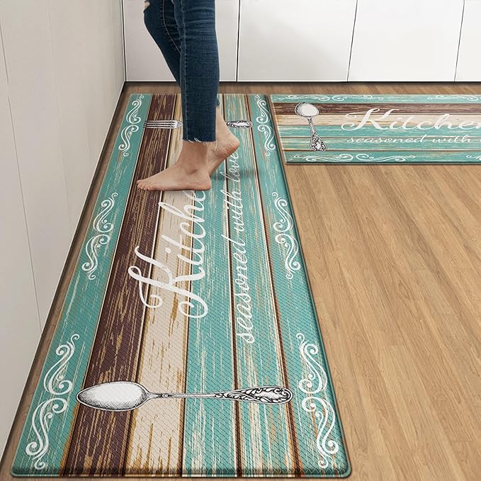 Arttown Teal Farmhouse Anti-Fatigue Kitchen Rug Set of 2 Brown Knife Fork Rustic Vintage Cushioned Floor Standing Mat Waterproof Non-Slip Kitchen Mat and PVC Ergonomic Comfort Foam Rug