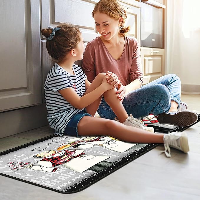 Black Fat Chef Kitchen Rugs 2 Piece Set for Floor Mat, Non Skid Washable Absorbent Microfiber Fat Chef Kitchen Mat for in Front of Sink for Standing for Home Fat Chef Kitchen Decor 17"X30"+17"X47"