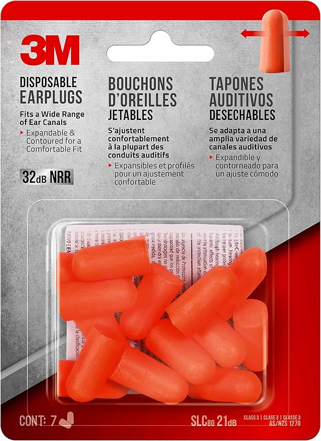 3M Disposable Earplugs, 7 Pairs (14 Total Plugs), Noise Reduction Rating (NRR) 32 dB, Easy To Insert & Remove, Expandable & Contoured For Comfortable Fit, Orange Ear Plugs (92077H7-DC)