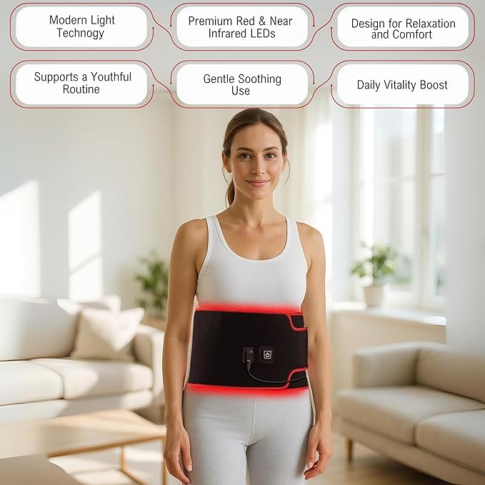 LuminousRLT Red Light Therapy Belt – Adjustable LED Light Wrap with Red & Near-Infrared LEDs (660nm & 850nm), 216 LEDs, Auto Shut-Off