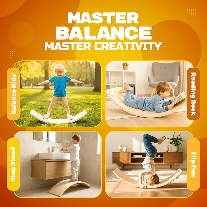 Wooden Wobble Board For Kids Slack Board Open-Ended Waldorf Learning Toy For Indoor Play, Balance Board For Adults | Core Balance Trainer Curvy Rocker Board for Yoga and Exercise Indoor, Montessori Toys