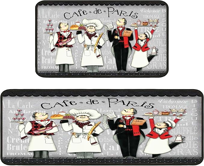 Black Fat Chef Kitchen Rugs 2 Piece Set for Floor Mat, Non Skid Washable Absorbent Microfiber Fat Chef Kitchen Mat for in Front of Sink for Standing for Home Fat Chef Kitchen Decor 17"X30"+17"X47"