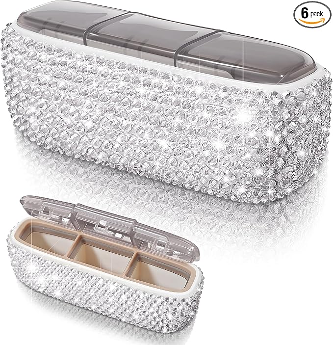 Bling Travel Pill Organizer Crystal Rhinestone 3 Compartments Independent Lid Portable Small Pill Case Box to Hold Vitamins Container for Pocket Purse Medicine Organizer