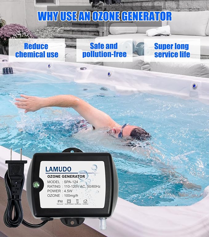 Ozone Generator for Cold Plunge with Venturi Injector, SPA-124 SPA Ozonator Kit for Hot tubs and Swim Spas, 100mg/h Mini Ozone Generator(NEMA 1-15 Plug)
