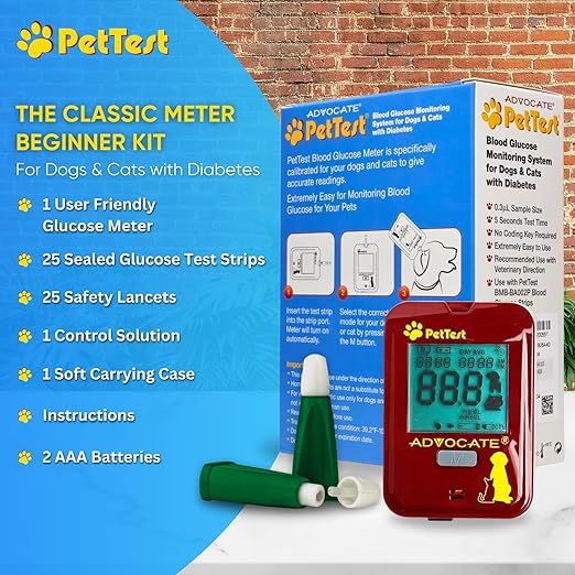 PetTest Beginner Glucose Monitoring Kit for Dogs & Cats, Diabetic Pet Blood Sugar Check Gear, Includes Classic Meter, 25 Test Strips, 25 Safety Lancets, Soft Carrying Case, and More