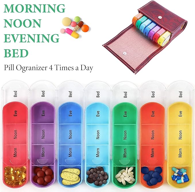 Pill Organizer,LIZIMANDU Weekly Travel Pill Case Box Medication Reminder Daily AM PM, Day Night 7 Compartments,for 4 Times A Day, 7 Days a Week-Includes Leather PU Carrying Case(1-Carved Red2)