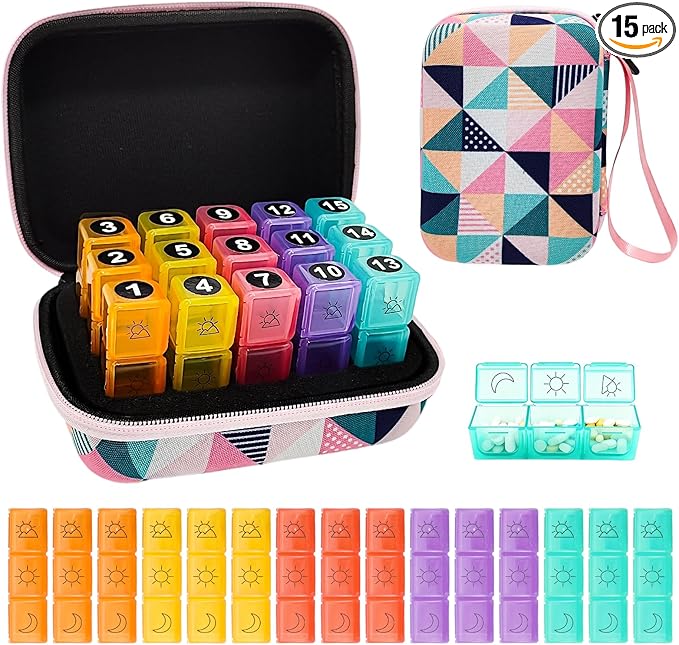 Pill Organizer, 15-Day Medicine Box with Hard Shell Case, 3 Times Daily Dosage Schedule, Plastic Rectangular Design, Includes Pill Cutter and Monthly Weekly Stickers,Multicolor